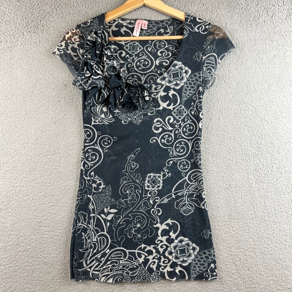 Sweet Pea by Stacy Frati Mesh Rosette Top Gray Blue Paisley Floral Size M
